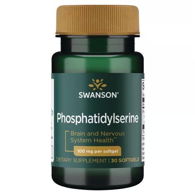 Grüne Flasche mit braunem Deckel. Etikett mit "SWANSON" und "Phosphatidylserine". Enthält 30 Softgels. 100 mg pro Softgel.