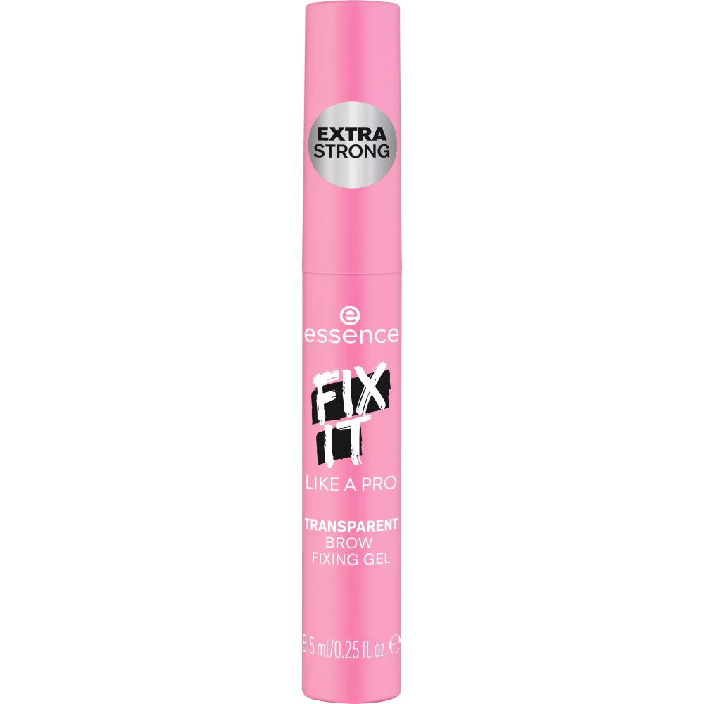 Rosa Augenbrauengel-Tube mit silbernem Aufkleber "EXTRA STRONG". Text: "essence", "FIX IT LIKE A PRO", "TRANSPARENT BROW FIXING GEL".