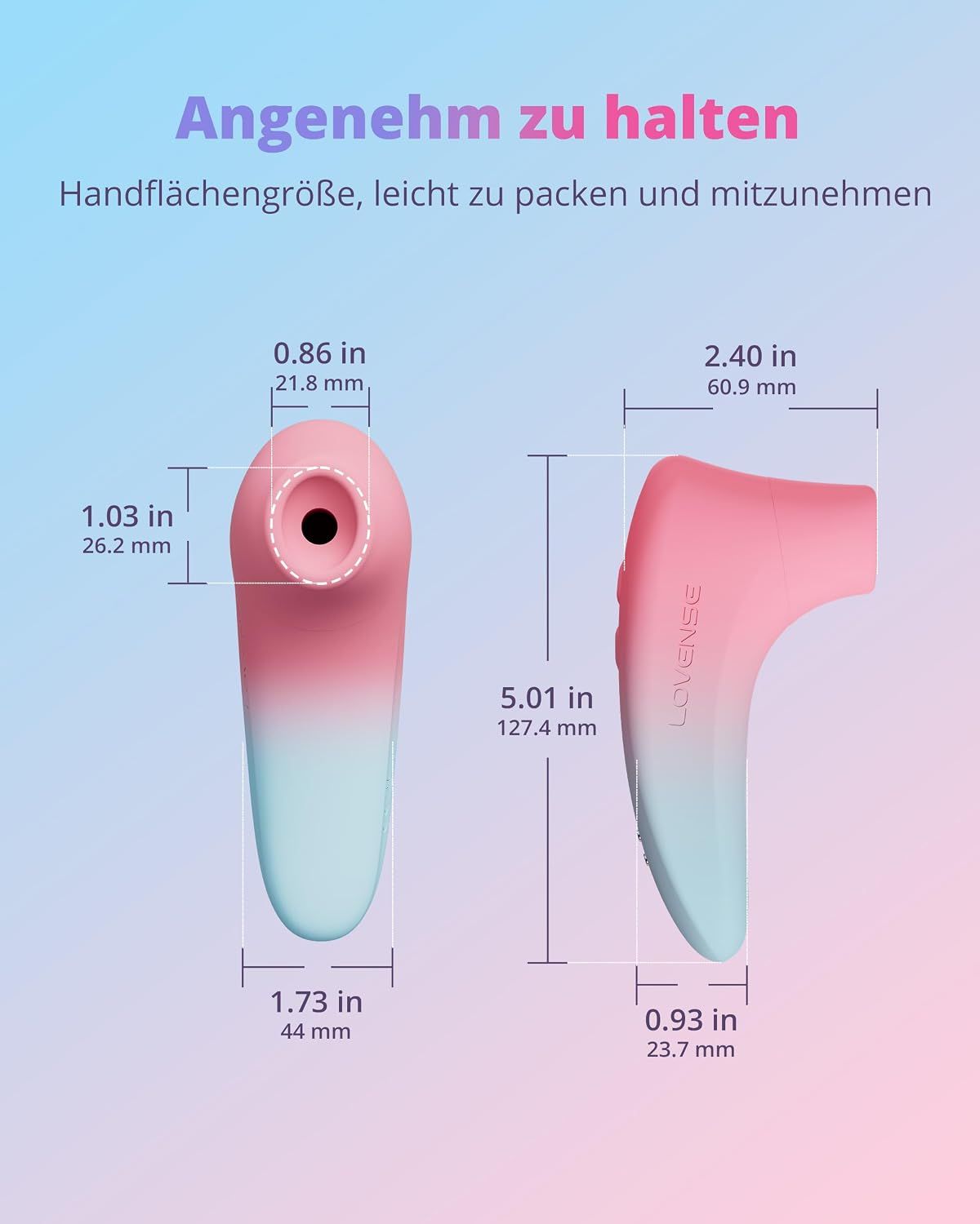Pinker und blauer Vibrator mit abnehmbarem Kopf. Maße: 127,4 mm Länge, 44 mm Breite.
