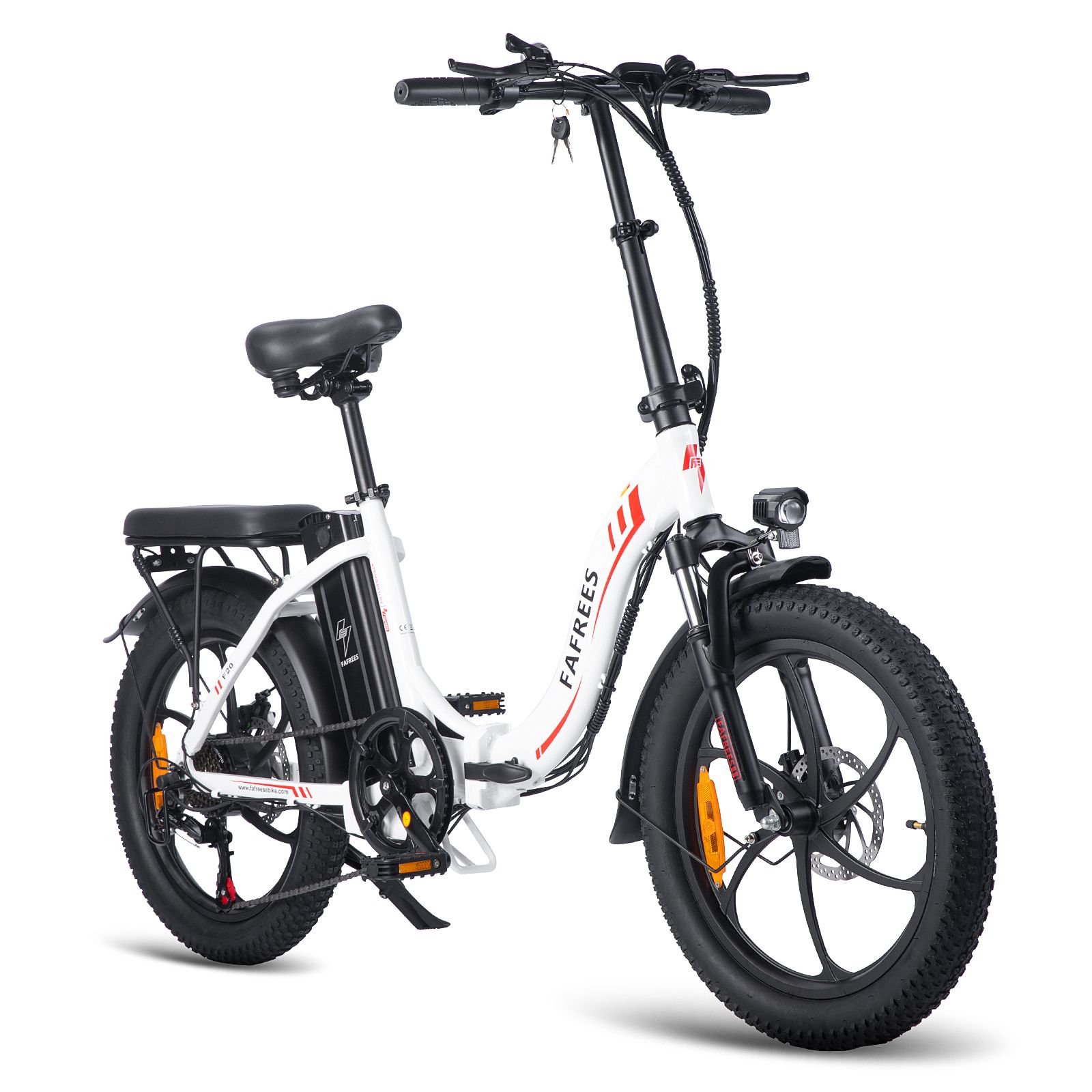 Faltbares E-Bike FAFREES F20, weiß, schwarze Reifen, rotes Logo. Scheibenbremsen, Gepäckträger, Schutzbleche, orangefarbene Reflektoren.