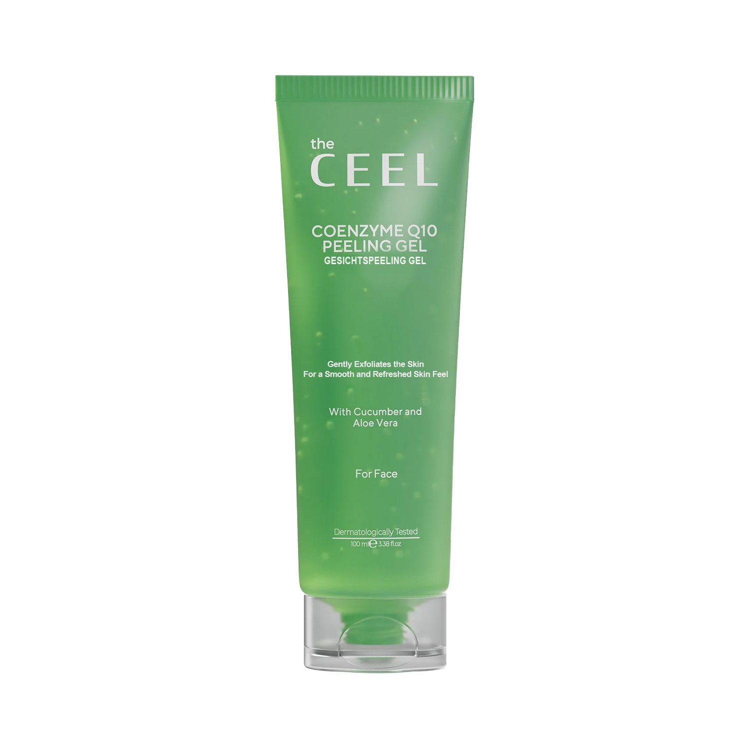 Grüne Tube "the CEEL COENZYME Q10 PEELING GEL". Inhaltsstoffe: Gurkenextrakt, Aloe-Vera-Extrakt, Coenzym Q10.
