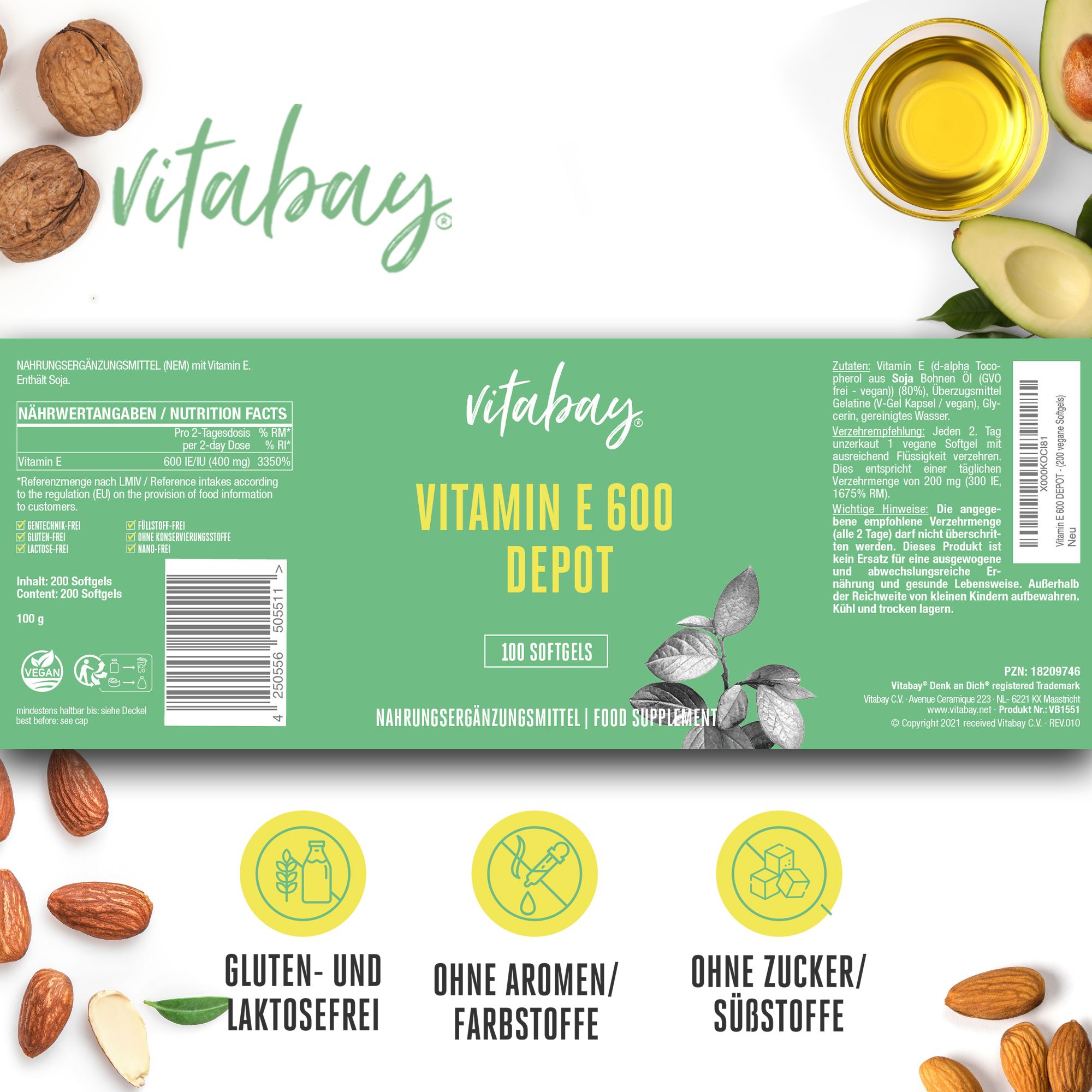 Grüne Verpackung mit Produktinformationen. Vitabay Vitamin E 600 Depot, 100 Softgels. Frei von Gluten, Laktose, Aromen, Farbstoffen und Zucker.