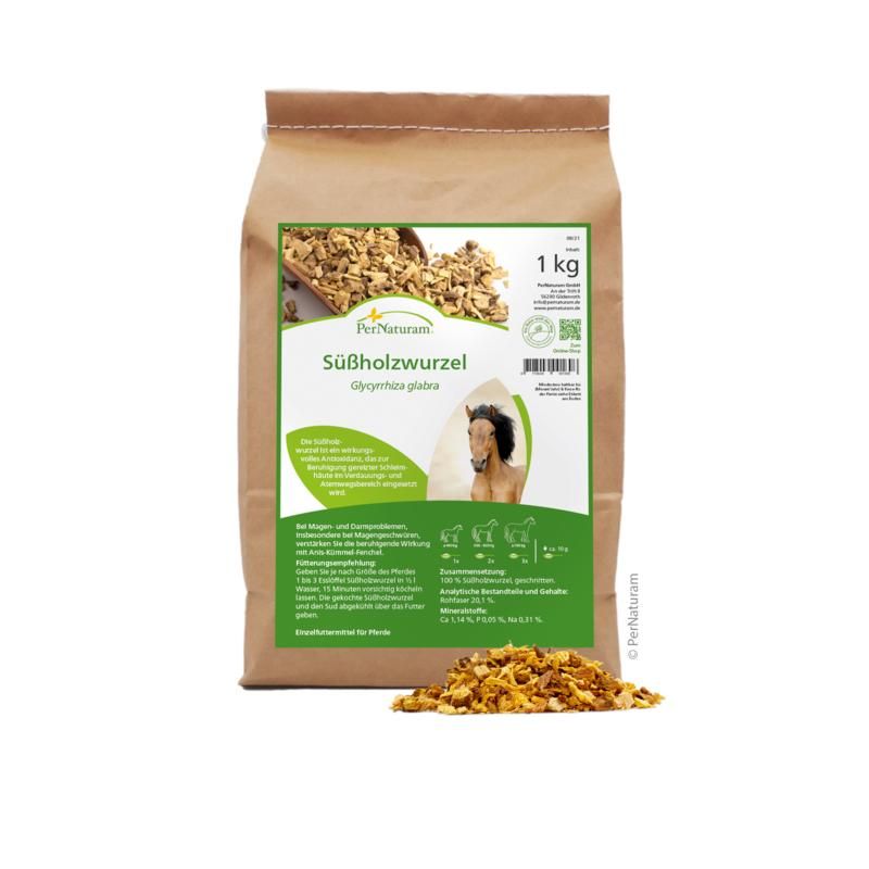Braune Papiertüte mit Süßholzwurzel. Grüne Etikett mit Produktname und Text. 1 kg Packung.