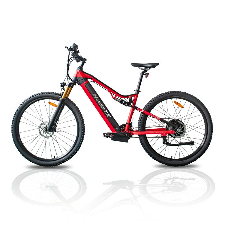 Rotes E-Mountainbike mit schwarzen Reifen. HedaTX TX19 Schriftzug am Rahmen. Gelbe Reflektoren an den Rädern. Schwarzer Sattel und Lenker.