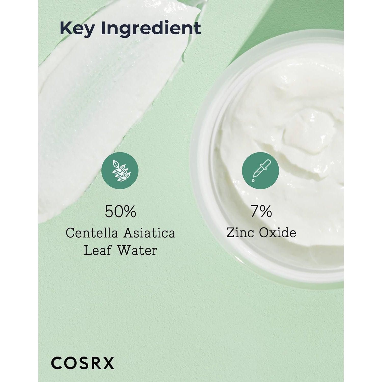 Nahaufnahme der Creme. Diagramm mit Inhaltsstoffen: 50% Centella Asiatica Leaf Water, 7% Zinkoxid. COSRX-Logo.