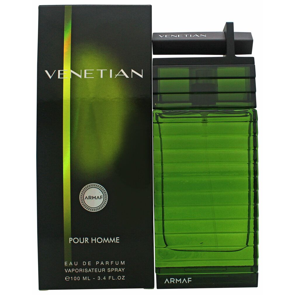 Grüne Glasflasche mit schwarzer Verpackung. Aufschrift 'Venetian' und 'Armaf'. Eau de Parfum Spray.