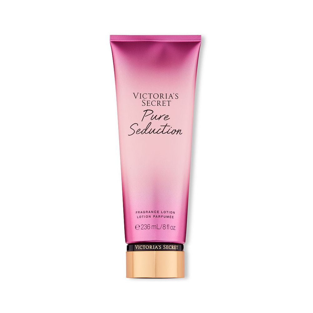 Rosa Tube mit goldfarbenem Deckel. Text: Victoria's Secret Pure Seduction. Fragrance Lotion. 236ml/8 fl oz.