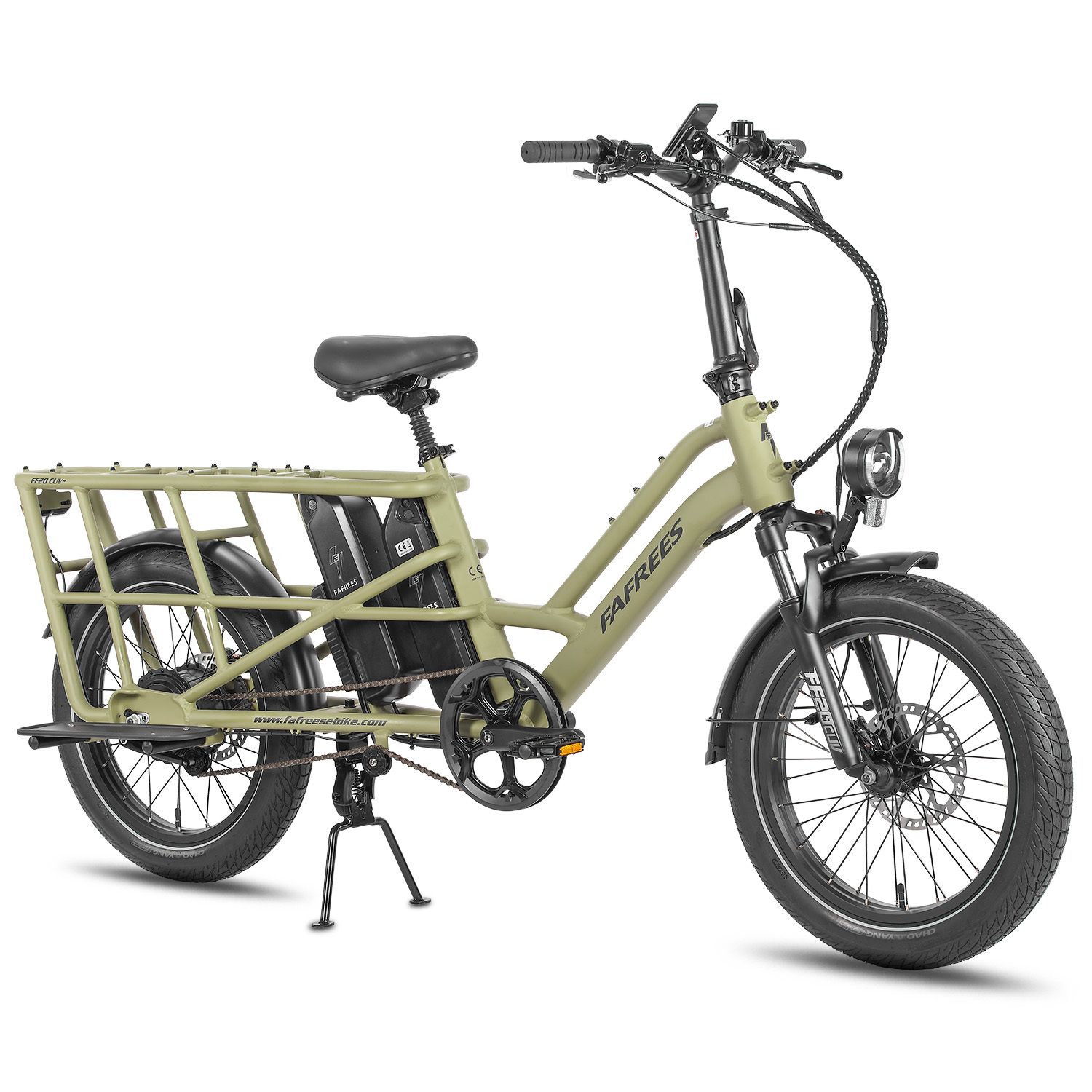 Grünes Fafrees FF20 CUV E-Bike. Gepäckträger, zwei Batterien, Frontlicht, schwarze Reifen und Sattel.