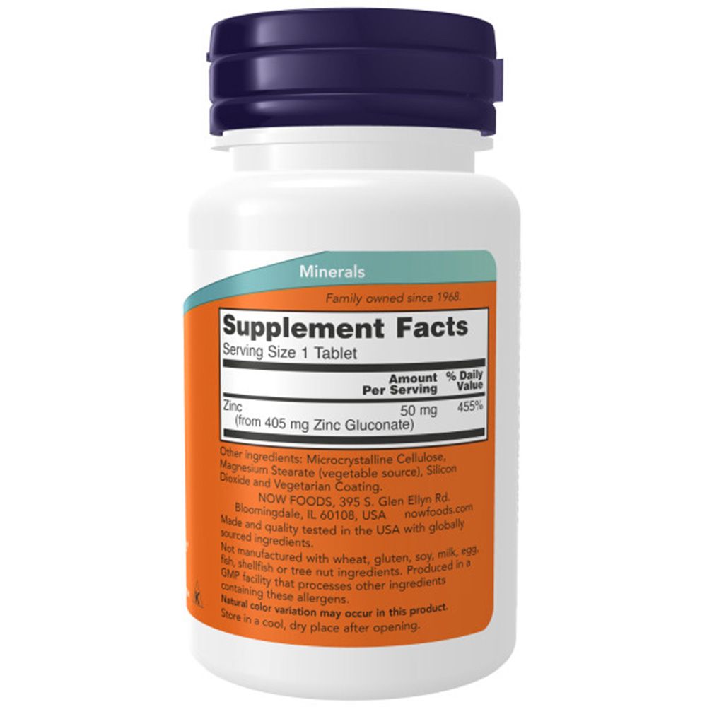 Rückseite der Flasche. "Supplement Facts" mit Nährwertangaben. Enthält Zink. Hersteller: NOW FOODS. Vegan.