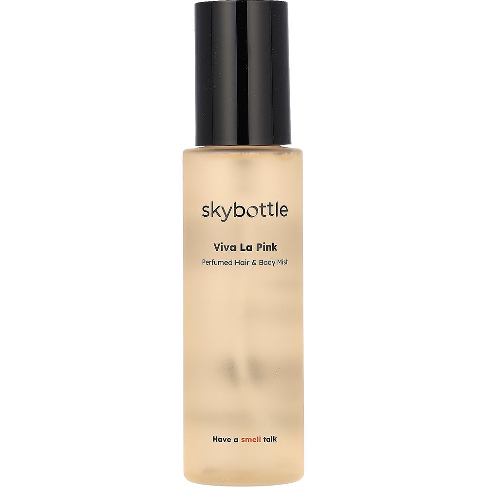 SKYBOTTLE Viva La Pink Hair & Body Mist. Beige Flasche mit schwarzem Sprühkopf. Text.