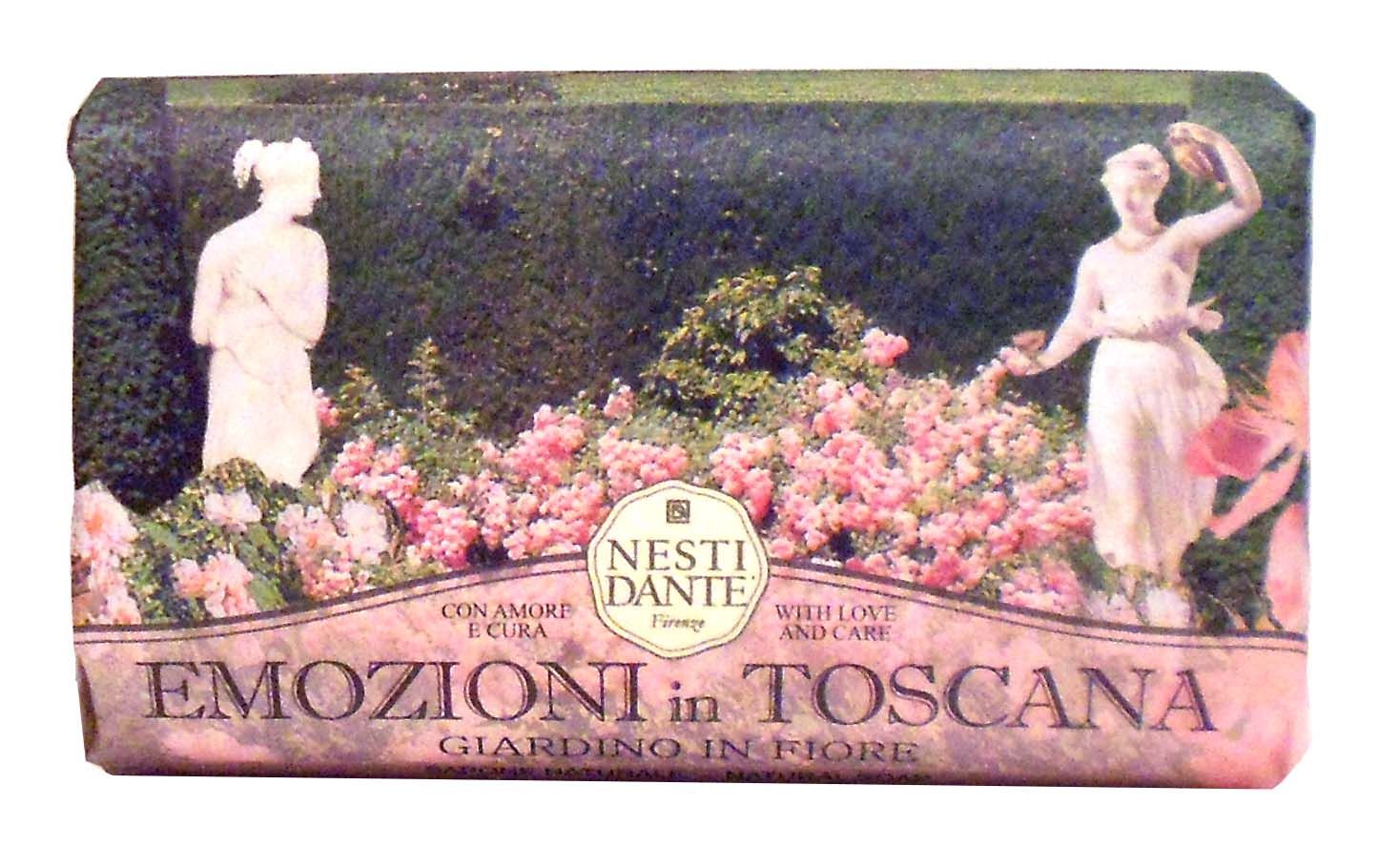 Seife mit floralem Design und Schriftzug "Emozioni in Toscana". Marke Nesti Dante.