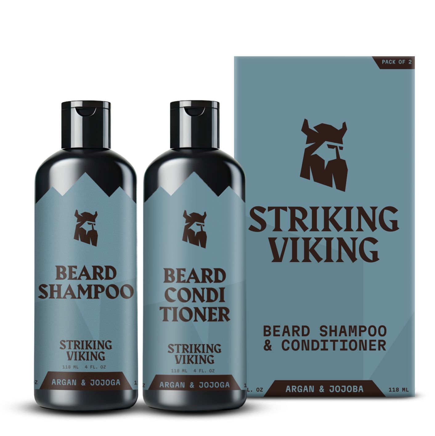 Zwei Flaschen und eine Schachtel. Auf den Flaschen steht "BEARD SHAMPOO" und "BEARD CONDITIONER". Auf der Schachtel steht "STRIKING VIKING".