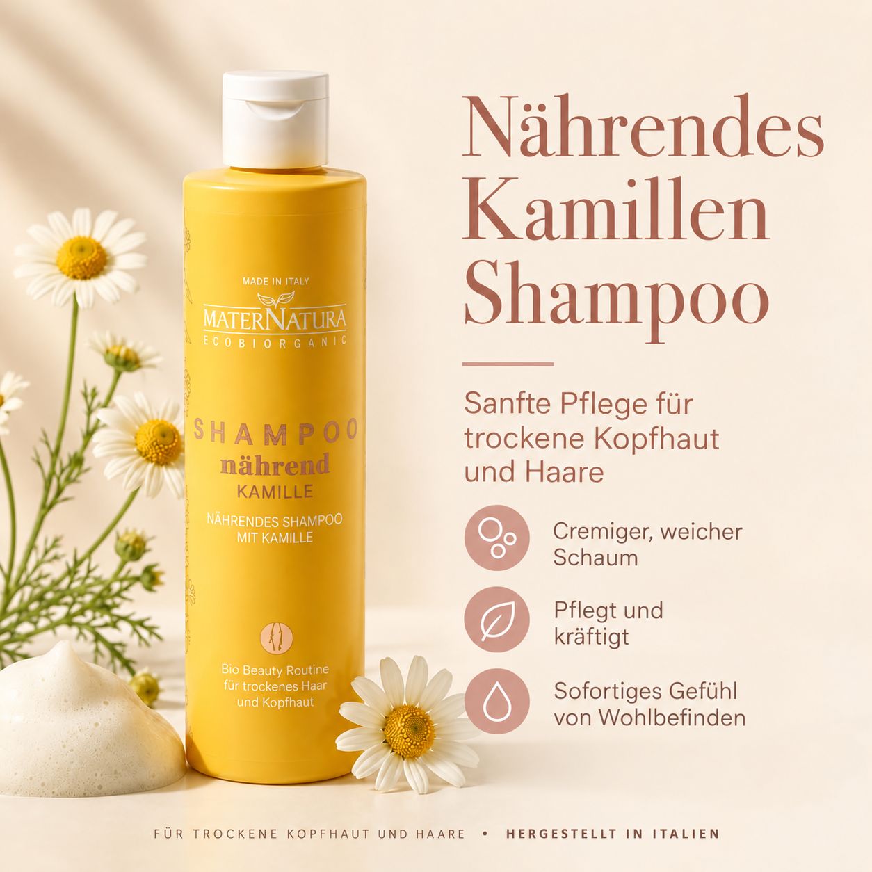 Gelbe Flasche MaterNatura Kamillen Shampoo, 250ml. Für trockene Kopfhaut und Haare. Mit Kamillenblüten.