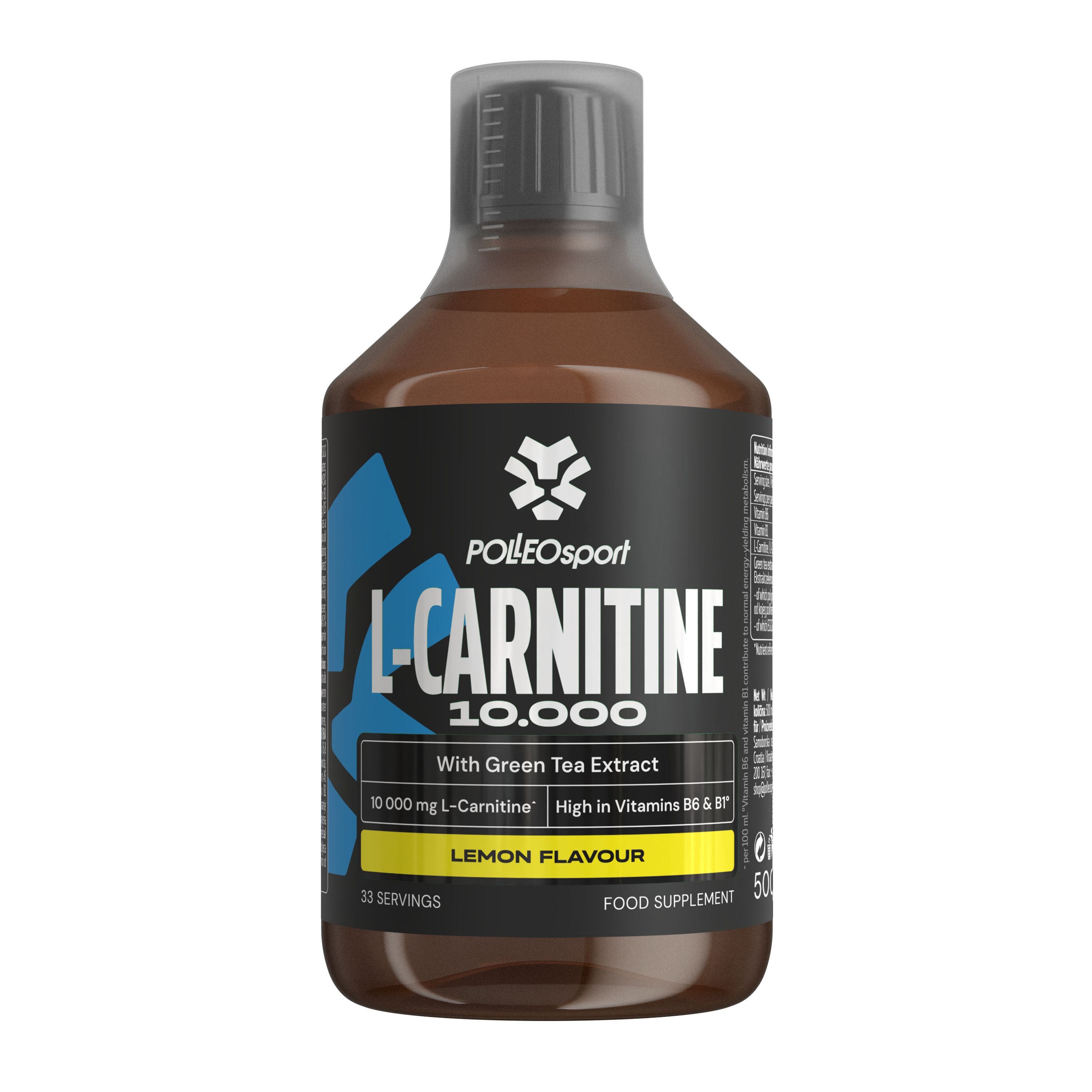 Braune Flüssigkeit in einer Flasche mit schwarzem Etikett: L-Carnitin 10.000 mit Grüntee-Extrakt, Zitronengeschmack.