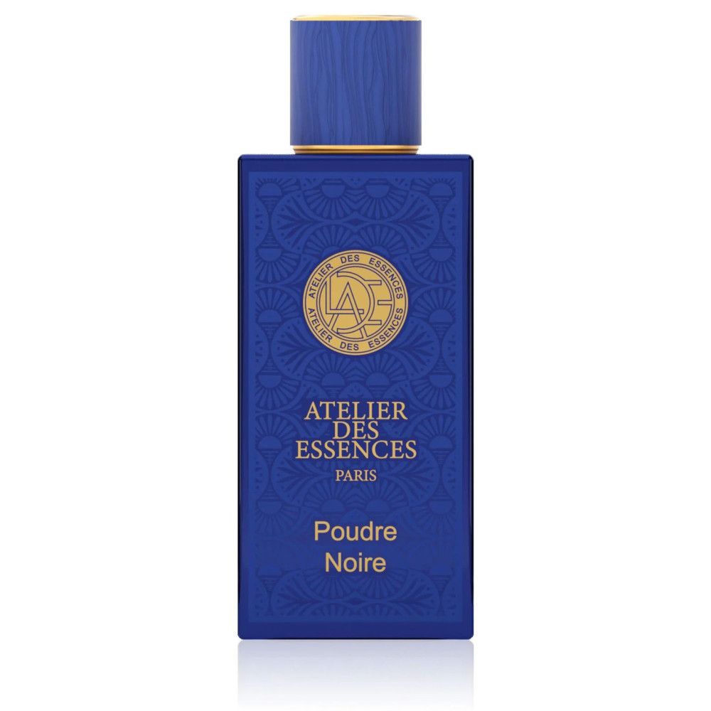 Dunkelblaue Flasche mit goldfarbenem Deckel. Aufschrift: Atelier des Essences Paris, Poudre Noire.
