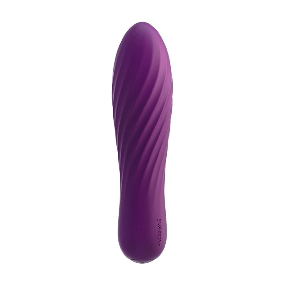 Violett Vibrator mit wellenförmiger Oberfläche. Marke SVAKOM am unteren Ende.