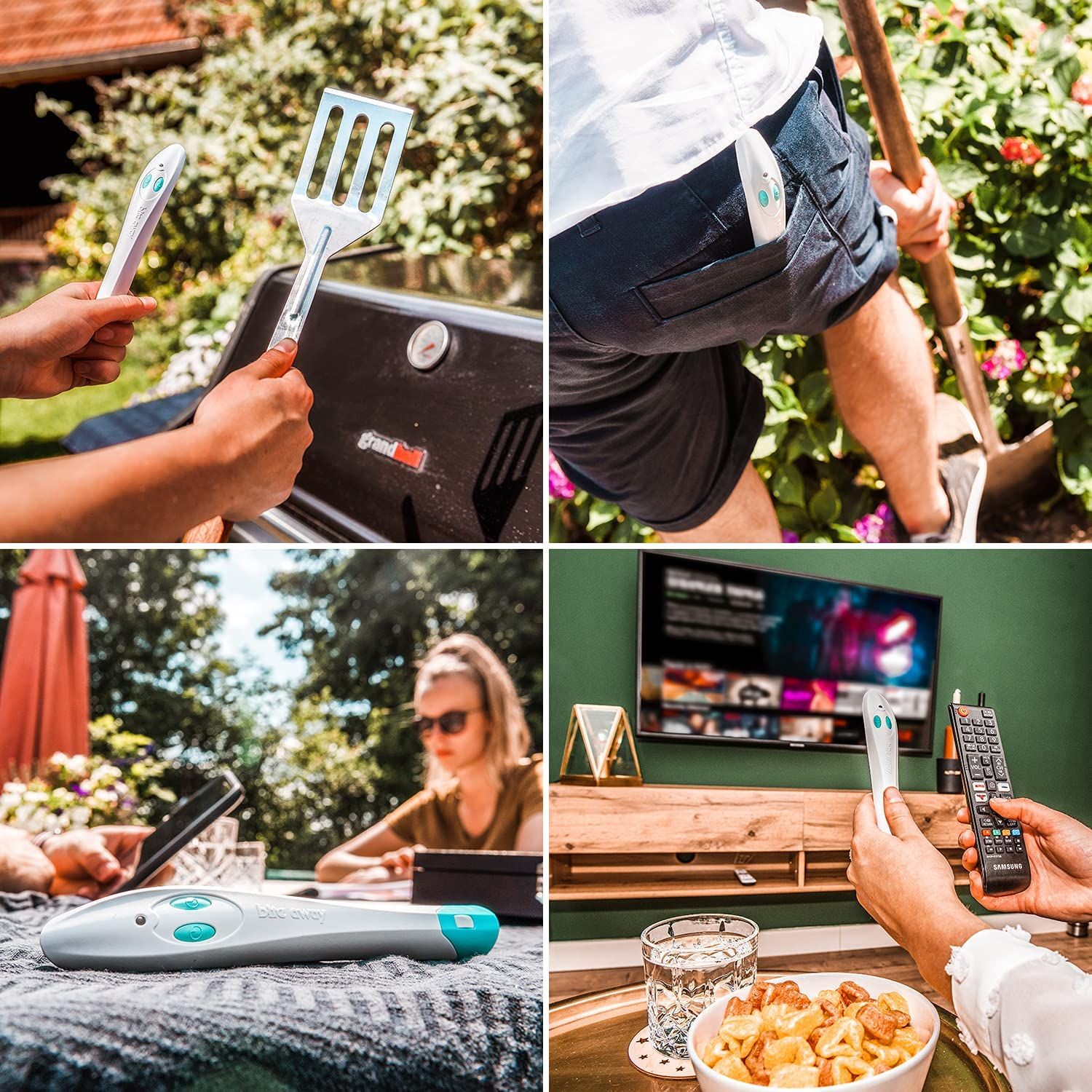 Collage: Gerät in verschiedenen Situationen. Grill, Hosentasche, Tisch, Fernseher. Verschiedene Hintergründe.