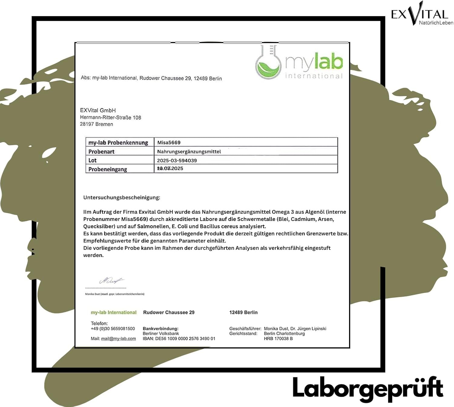 Laborbericht von mylab international. Analyse von Omega 3 aus Algenöl. Ergebnisse: keine Überschreitung der Grenzwerte.