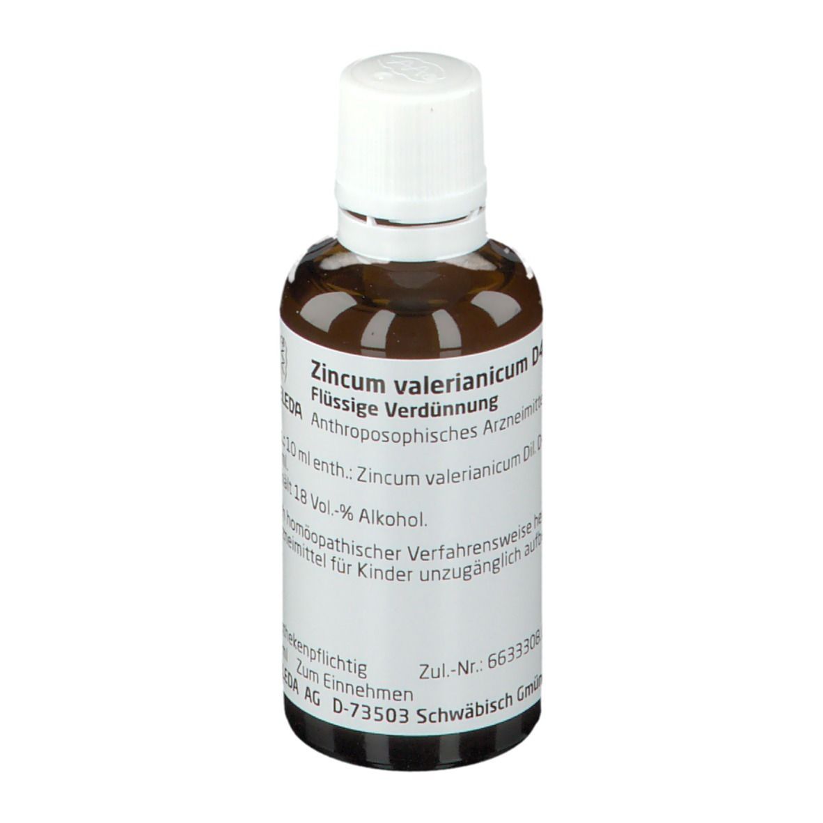 Braune Glasflasche mit weißem Deckel und Etikett. Beschriftung: Zincum valerianicum D4, Flüssige Verdünnung, WELEDA.