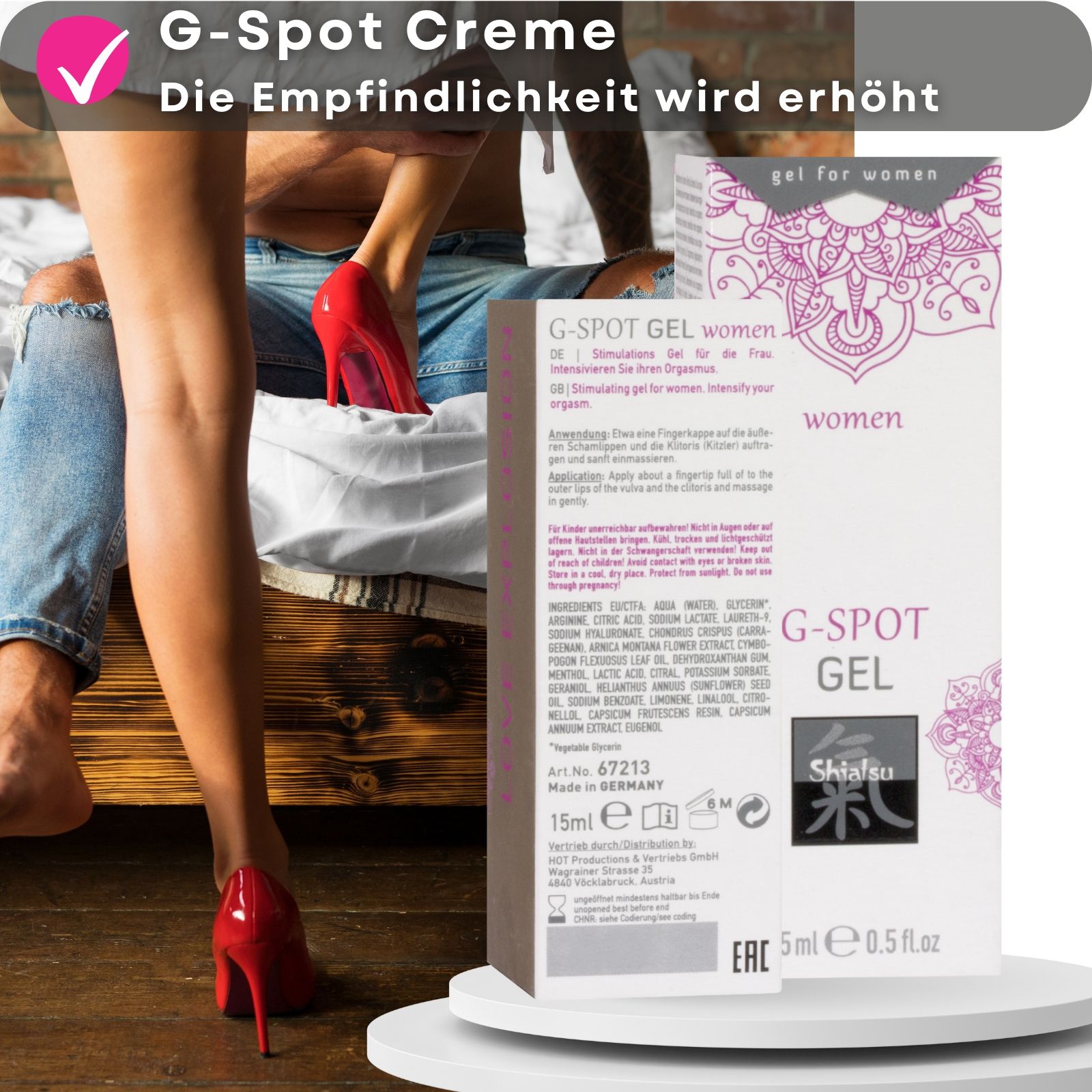Produkt und Paar. Schachtel und Text: G-Spot Gel. Vorteile: Empfindlichkeit, Hautpflege.