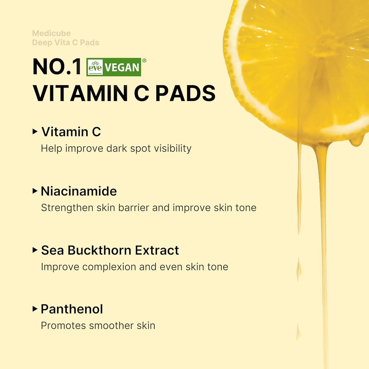 Gelbe Vitamin C Pads. Inhaltsstoffe: Vitamin C, Niacinamid, Sanddornextrakt, Panthenol. Vegan-Zertifizierung.