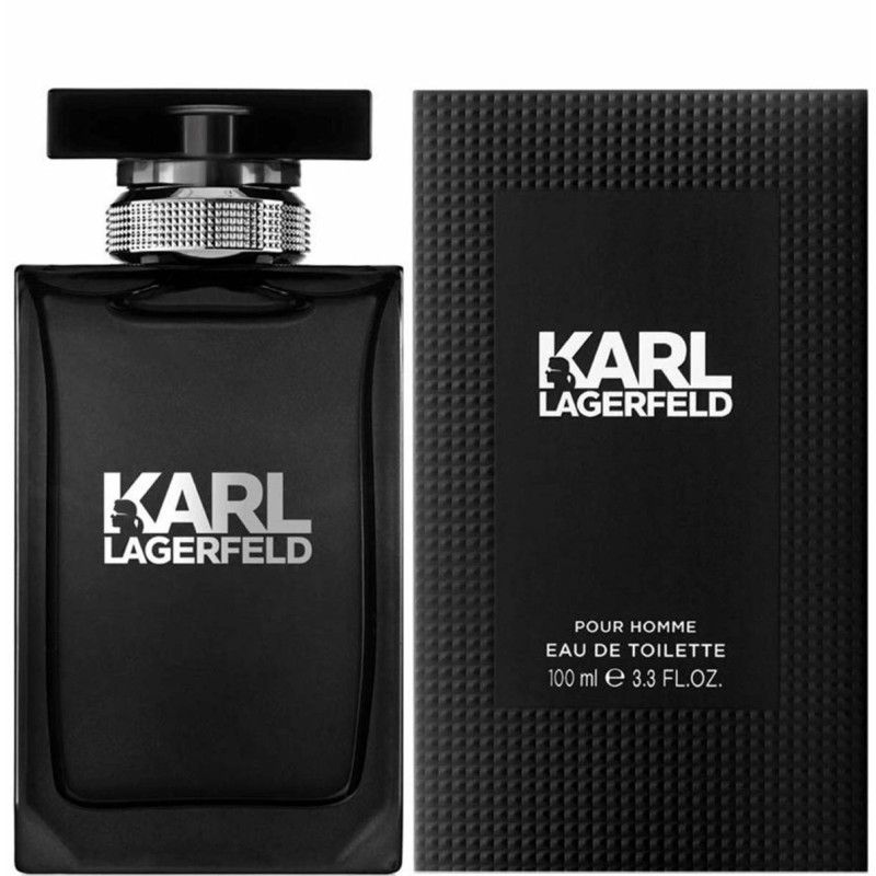 Schwarze Karl Lagerfeld Eau de Toilette Flasche mit silbernem Schriftzug und passender Verpackung.