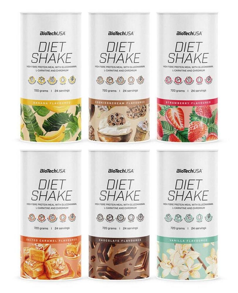 Zylinderförmige Dose mit "DIET SHAKE"-Aufdruck. Verschiedene Geschmacksrichtungen: Banane, Cookies & Cream, Erdbeere, gesalzenes Karamell, Schokolade, Vanille.