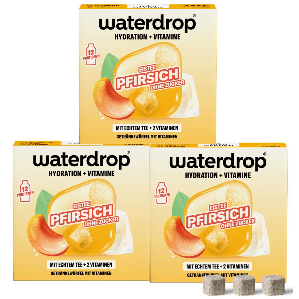 Drei Packungen waterdrop® Eistee Pfirsich ohne Zucker, mit je 12 Portionswürfeln.