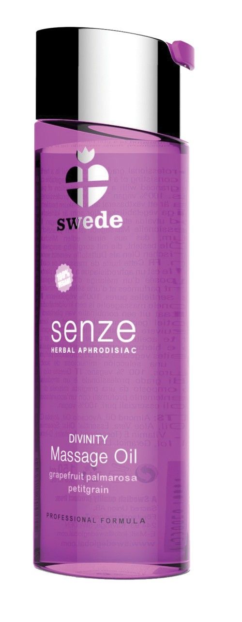 Violette Flasche mit silbernem Deckel. Aufschrift: swede, senze, Massage Oil. Enthält Grapefruit und Petitgrain. Mit Siegel.