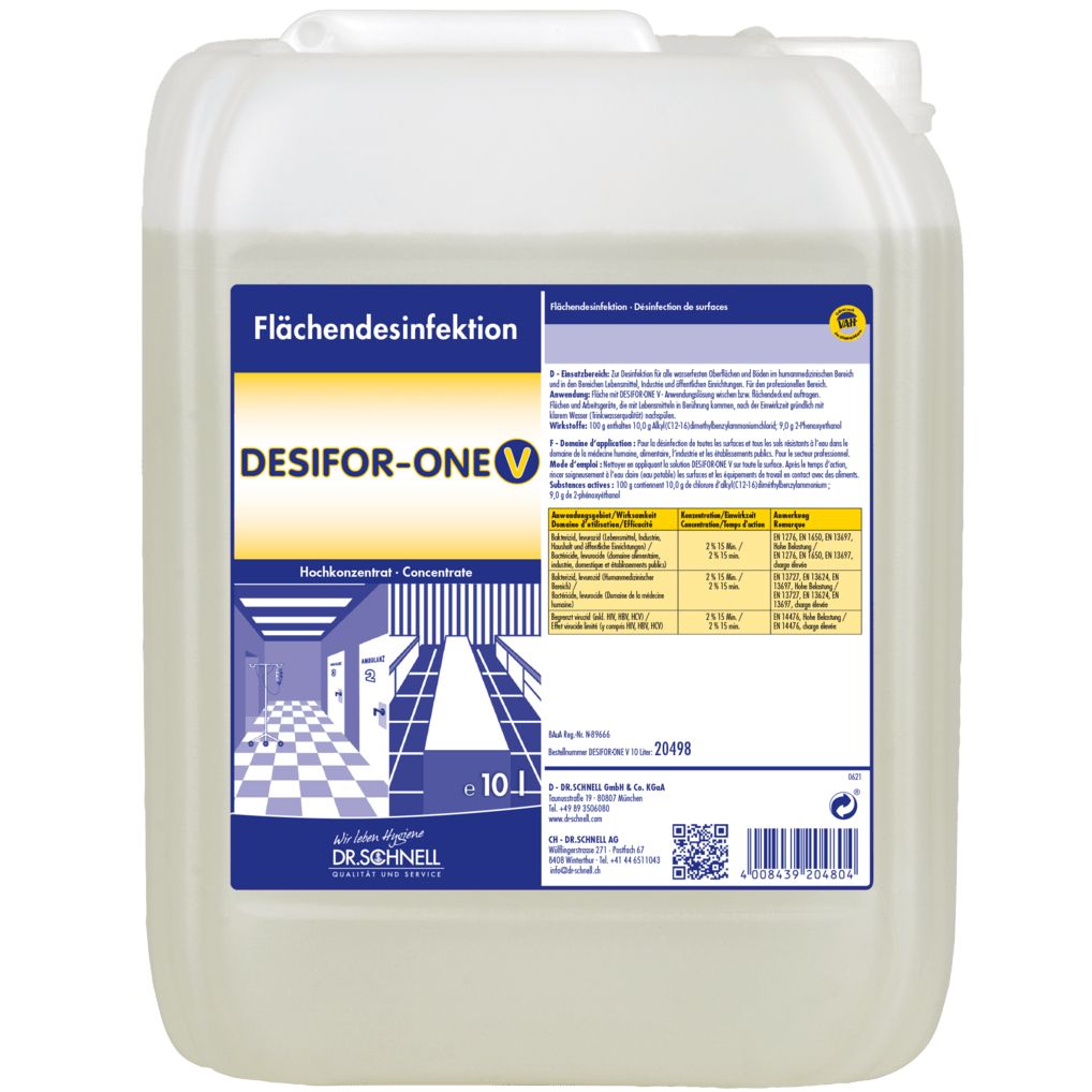 Rechteckiger Kanister mit Etikett. Aufschrift: DESIFOR-ONE V Flächendesinfektion. Logo: DR. SCHNELL. Enthält 10 Liter.
