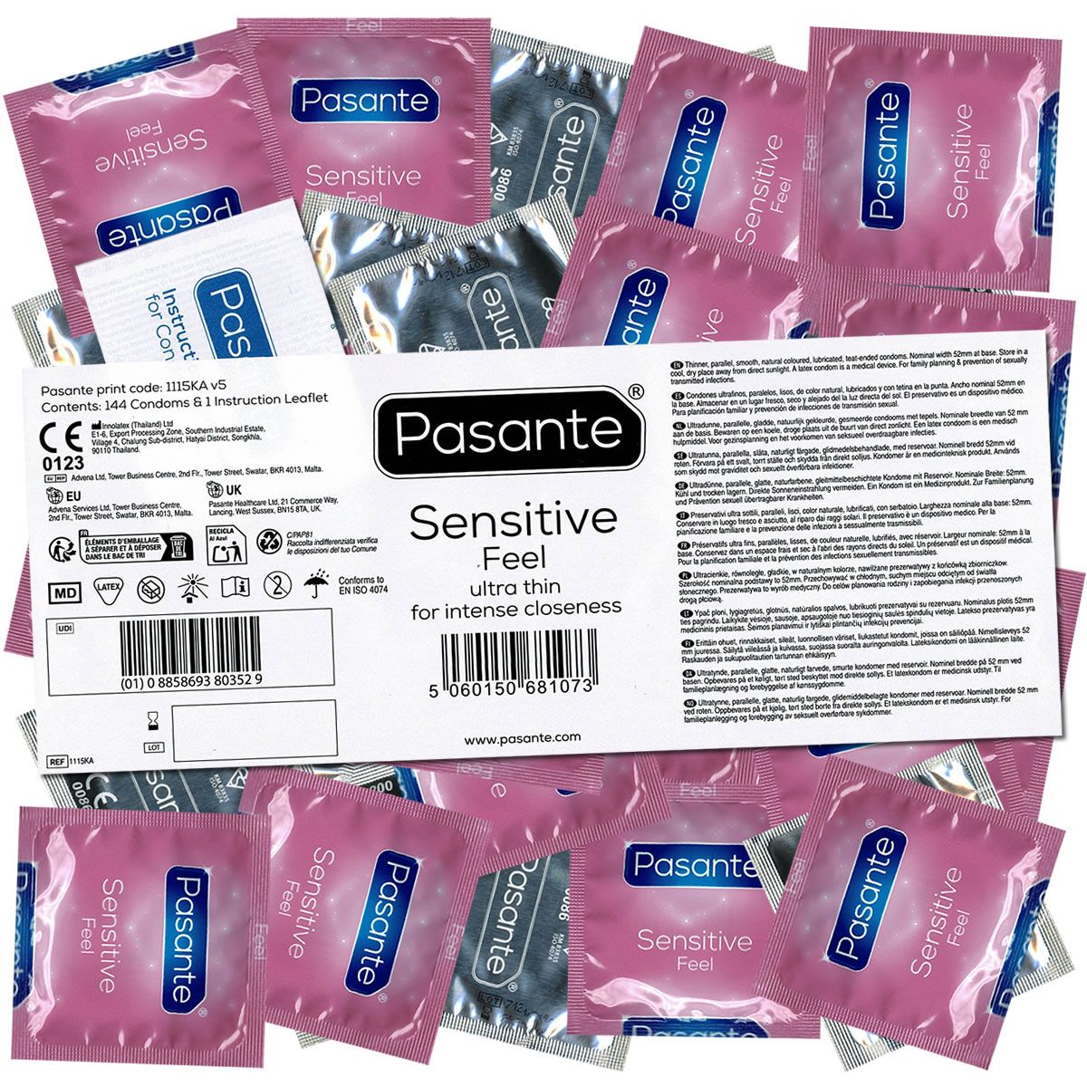 Rosa Kondom-Verpackungen und Beipackzettel. Aufdruck: Pasante Sensitive Feel. Ultra dünn für intensive Nähe.