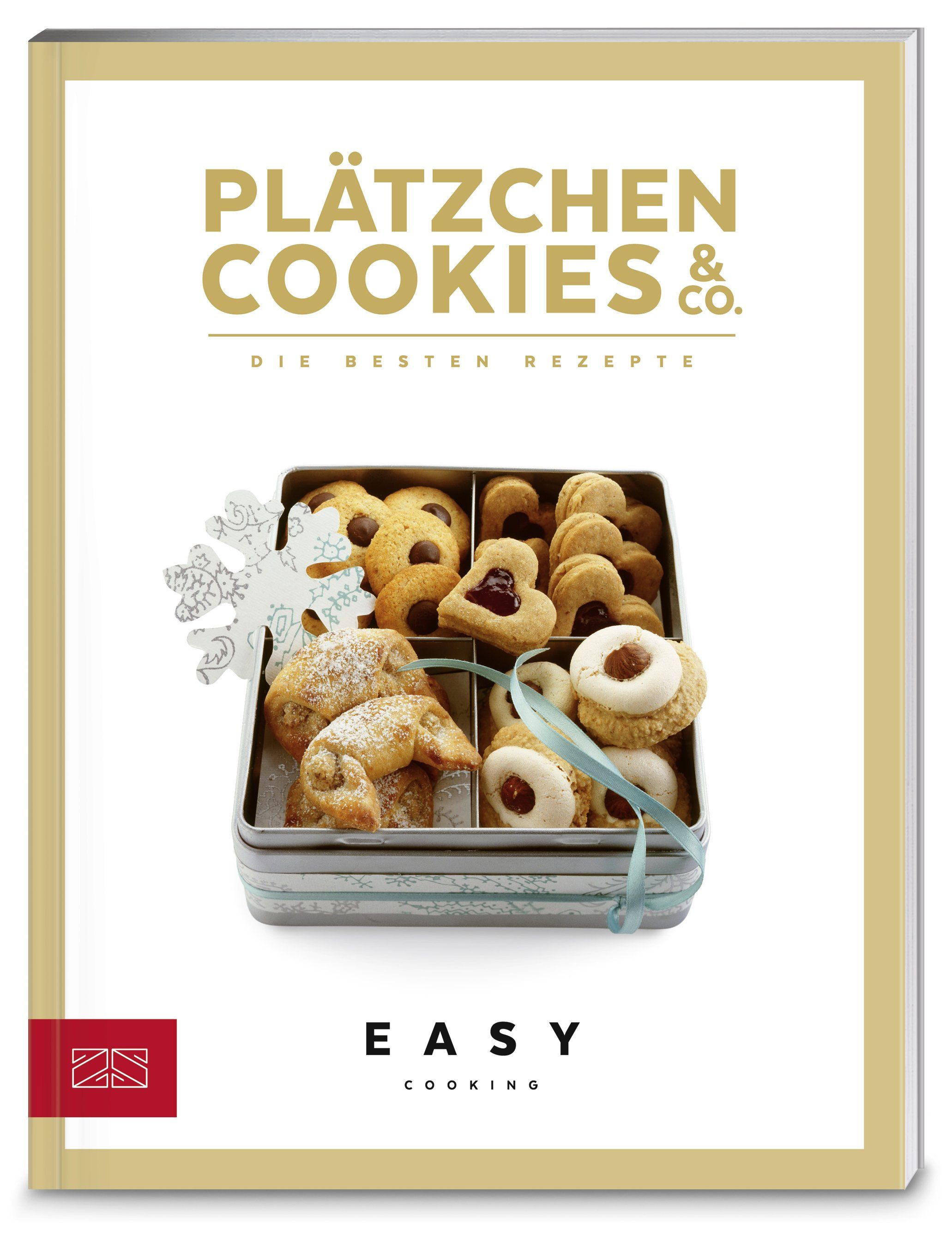 Buchcover mit Titel "Plätzchen, Cookies & Co.", darunter eine Keksdose mit verschiedenen Keksen. Aufschrift "Easy Cooking".
