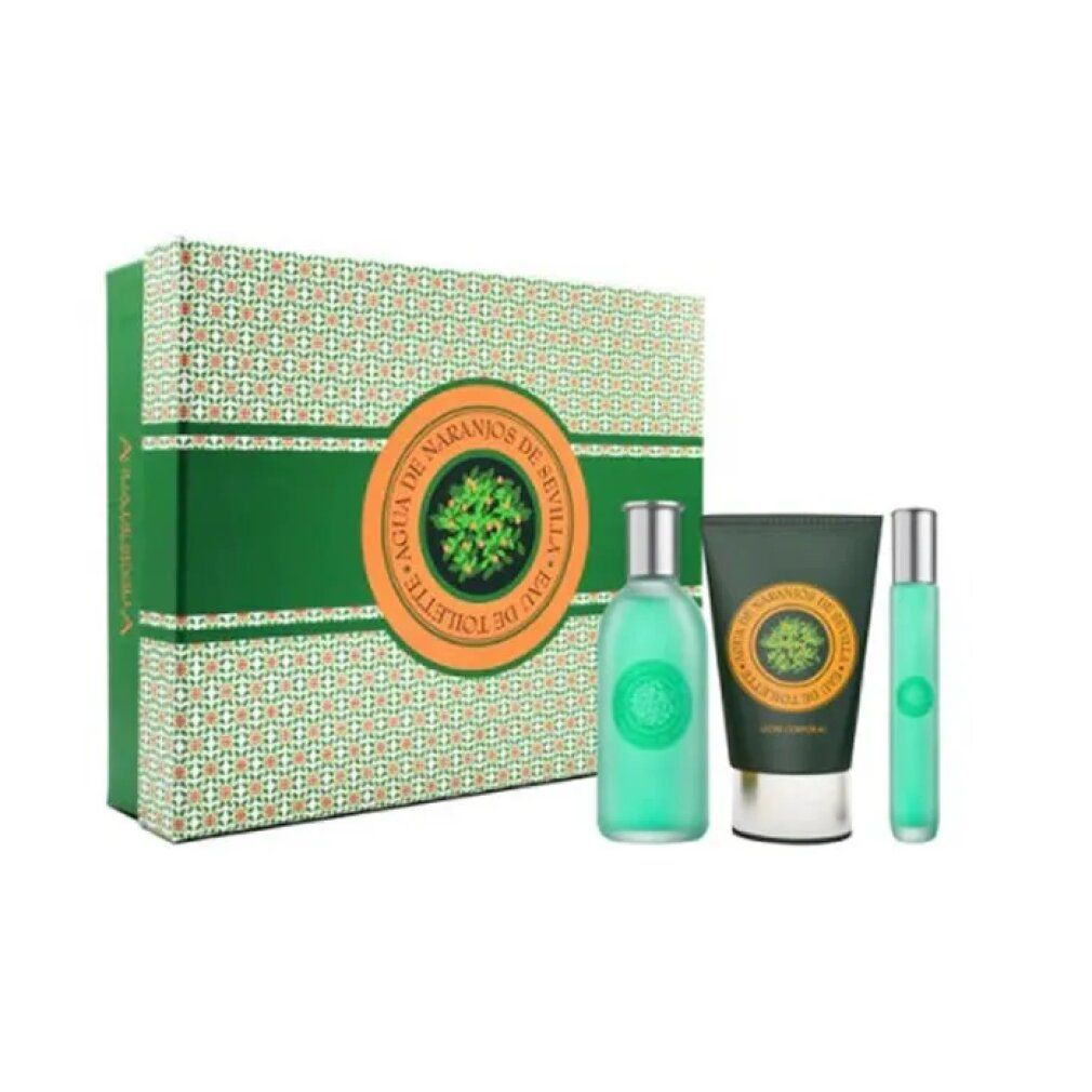 Geschenkset mit grüner Schachtel, Flakon, Tube und Zerstäuber. Orangefarbenes Logo auf der Schachtel und den Produkten.