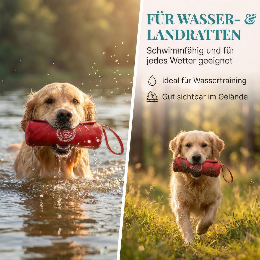 Zwei Hunde im Wasser und auf einer Wiese mit einem roten Futterbeutel. Text: Ideal für Wassertraining, gut sichtbar im Gelände.
