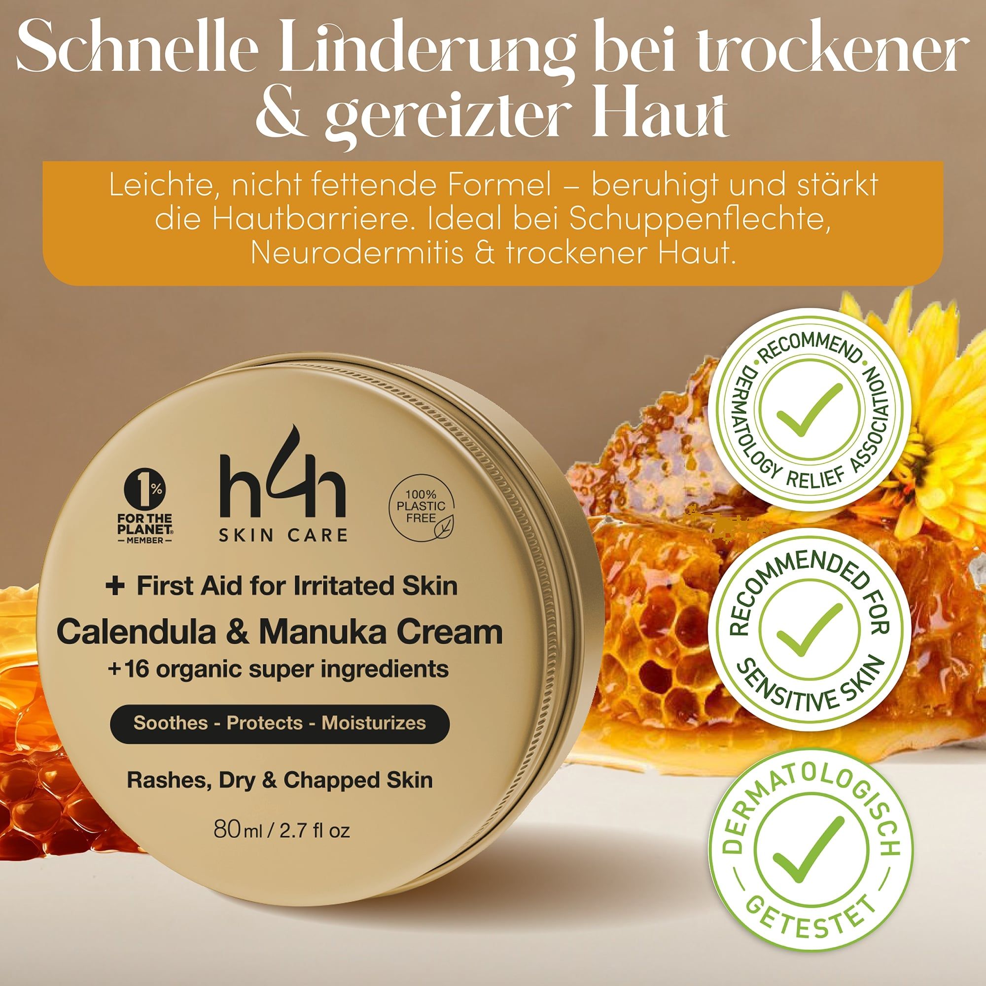 Runde Dose mit Text: H4H Skin Care, + First Aid for Irritated Skin, Calendula & Manuka Cream. Dermatologisch getestet.
