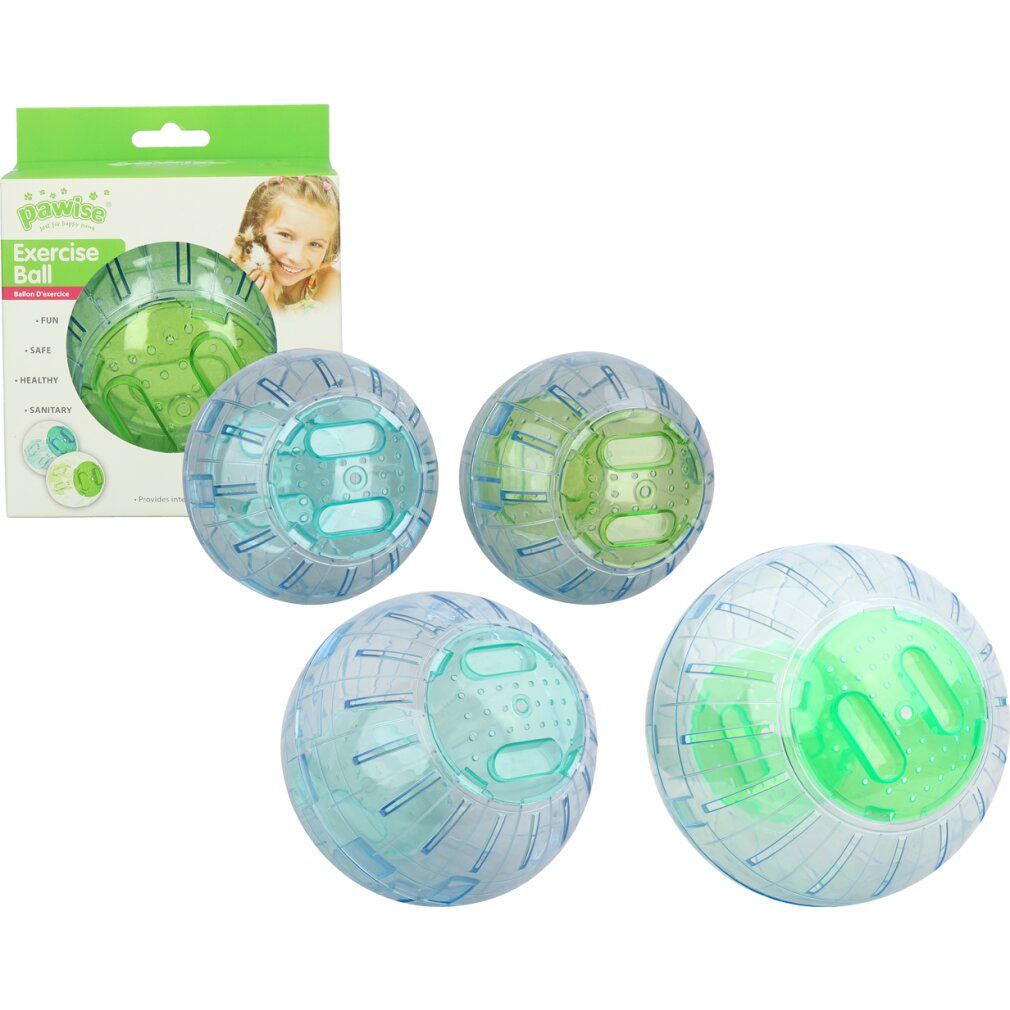 Mehrere transparente Übungsbälle mit grünen und blauen Elementen. Eine Verpackung mit Produktabbildung.