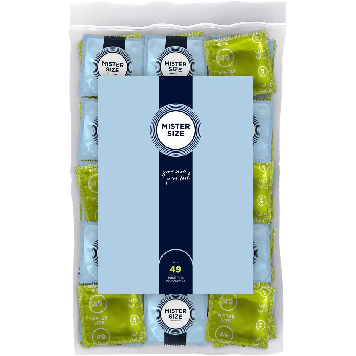 Verpackung mit Kondomen. Blaue und goldfarbene Einzelverpackungen. Aufdruck "Mister Size 49". Klarsichtverpackung.