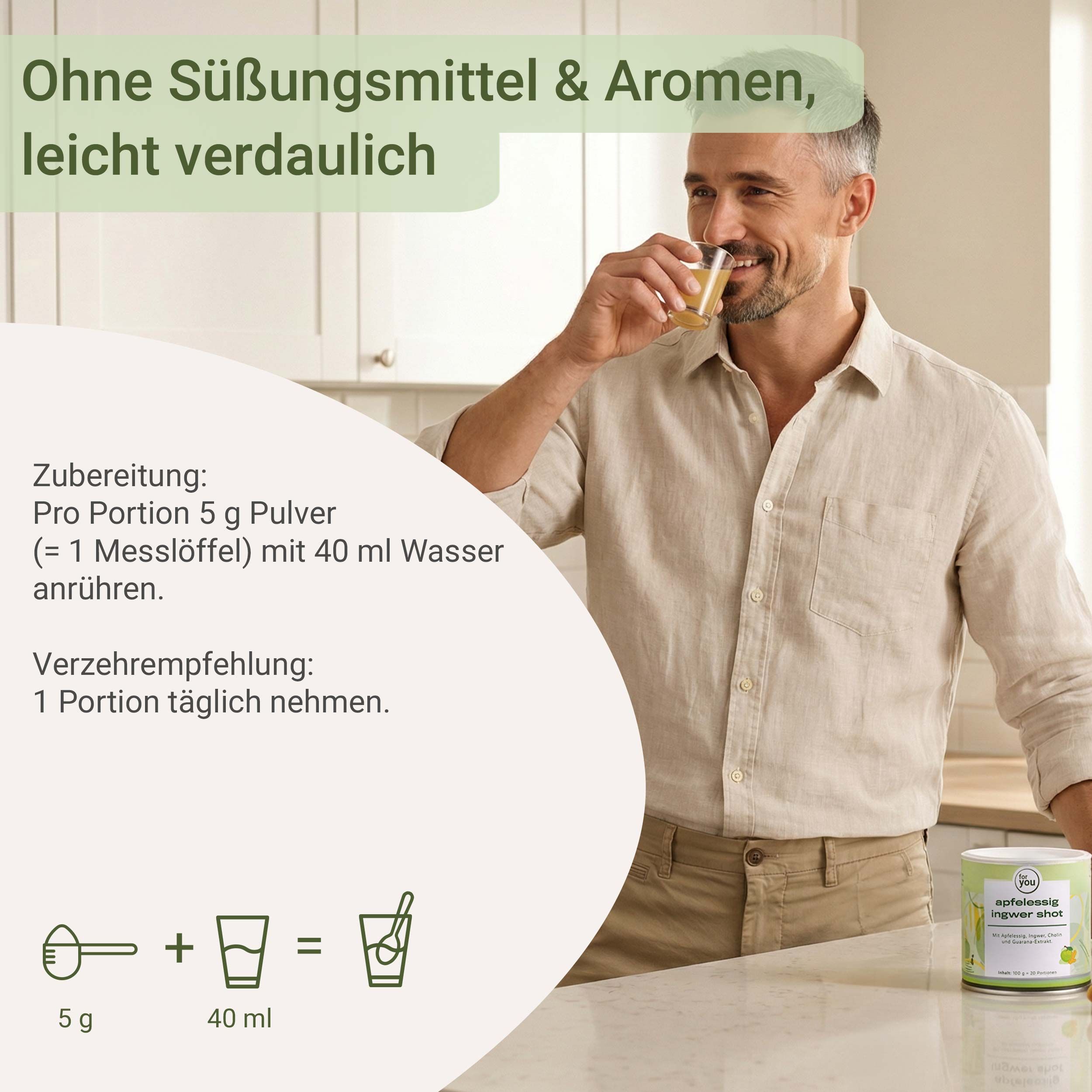 Getränk in Glas, Pulver, Äpfel und Ingwer. Aufschrift: apfelessig ingwer shot. Logo: for you. Ohne künstliche Aromen.