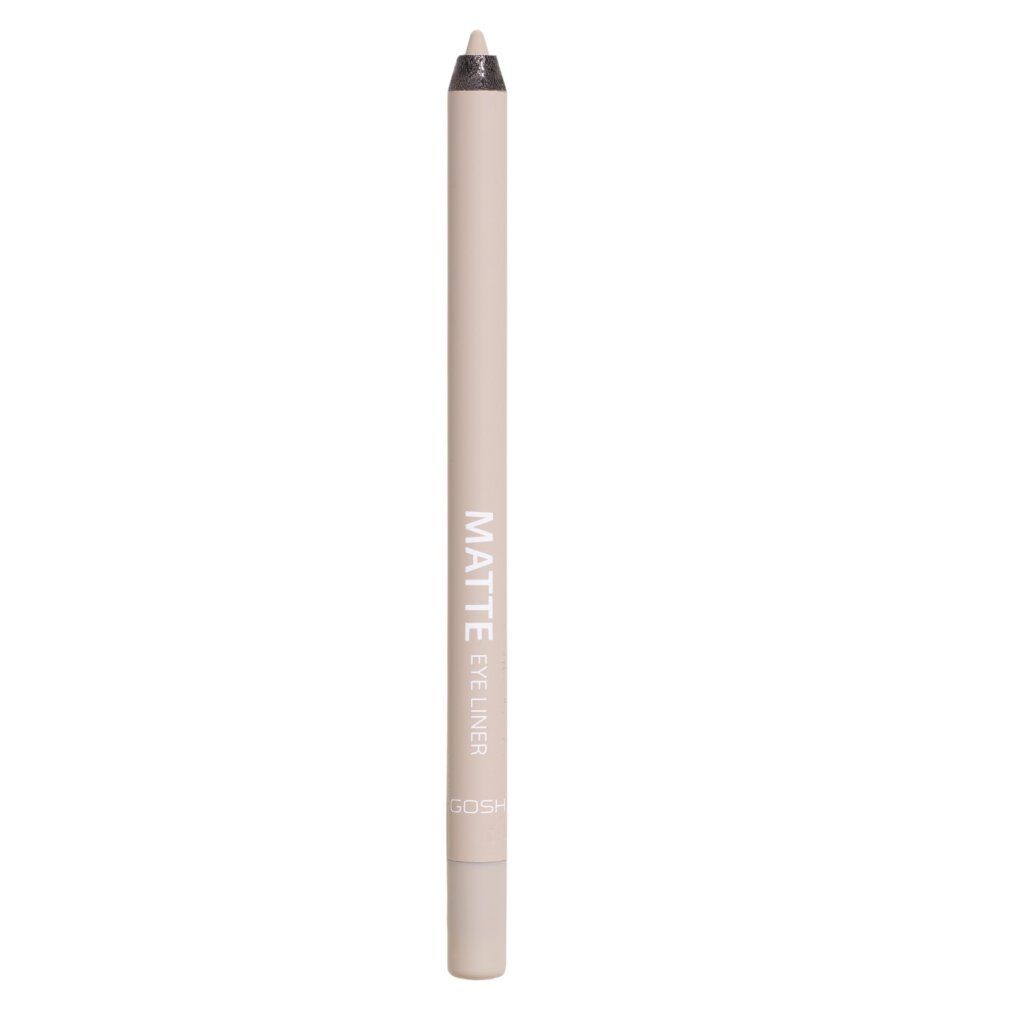 Beigefarbener Eyeliner-Stift. Aufschrift: MATTE EYELINER. Marke: GOSH. Spitze und Stiftende sind sichtbar.