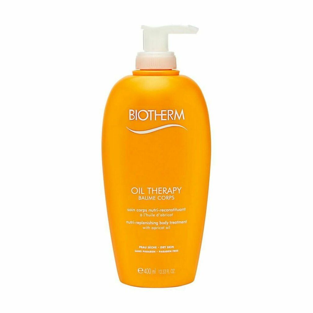 BIOTHERM Oil Therapy. Gelbe Flasche mit weißem Pumpverschluss. Text: Oil Therapy, Baume Corps. 400ml.