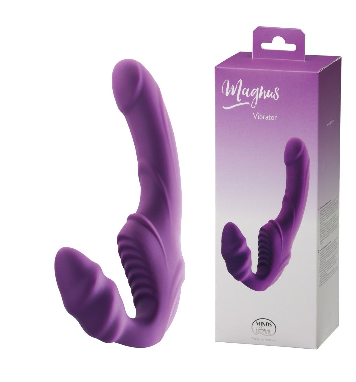 Lilafarbener Strap-On Vibrator „Magnus“ neben Verpackung. Produktname und Marke MINDS of LOVE sichtbar. Vibrator mit zwei Enden.