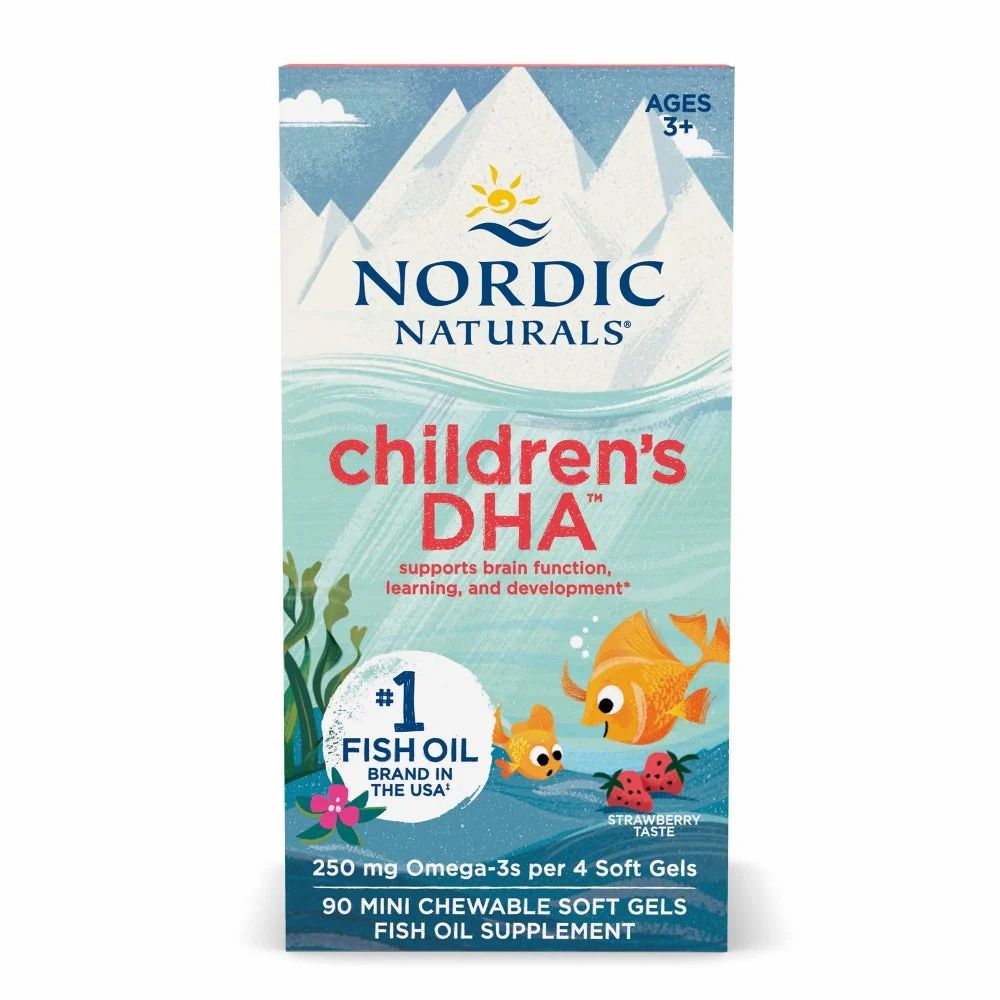 Verpackung von Nordic Naturals Children's DHA. Enthält 90 Mini-Kautabletten. Mit Erdbeergeschmack. Unterstützt die Gehirnfunktion, das Lernen und die Entwicklung.