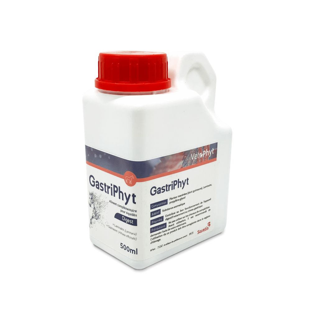 Weiße Flasche mit rotem Deckel und Griff. Aufschrift "GastriPhyt" und "500ml".