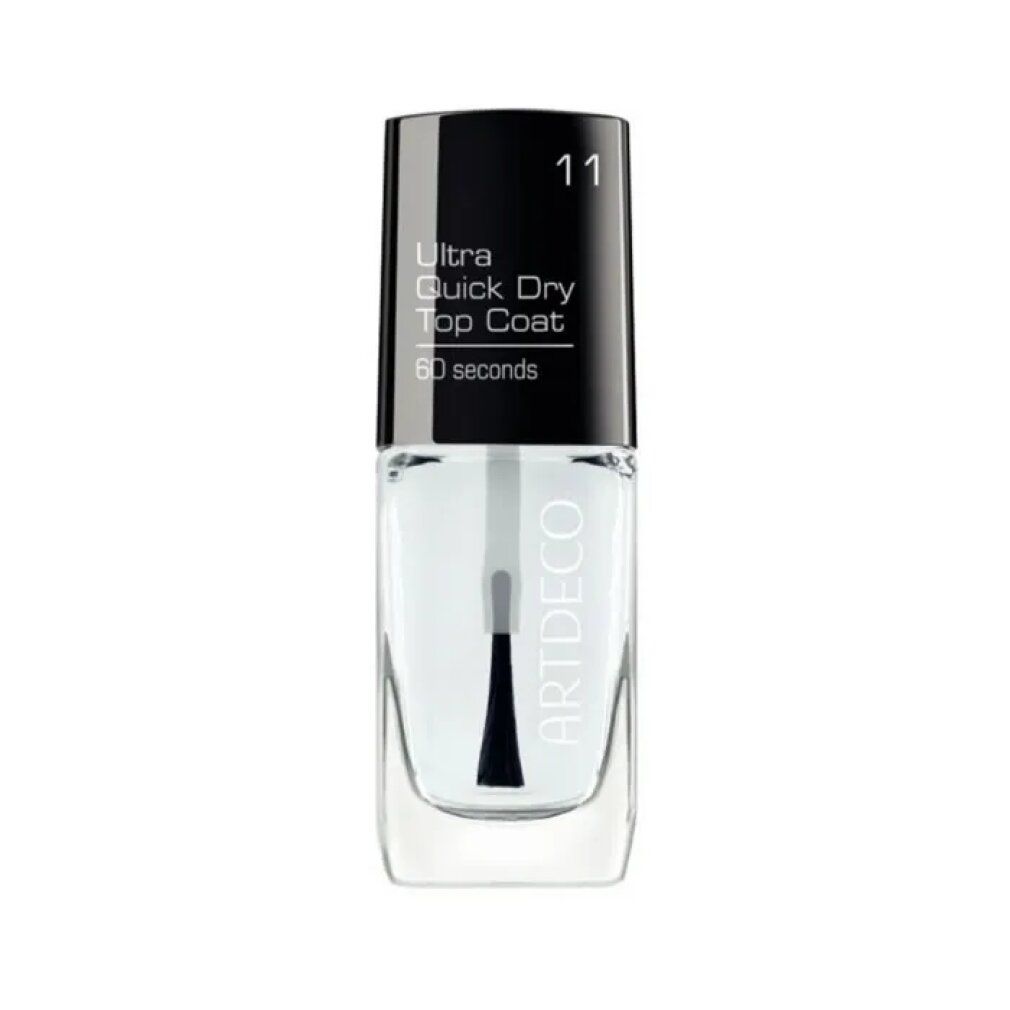 Klare Nagellackflasche mit schwarzem Deckel. Aufschrift: Ultra Quick Dry Top Coat, 60 seconds. Marke: ARTDECO. Nummer 11.
