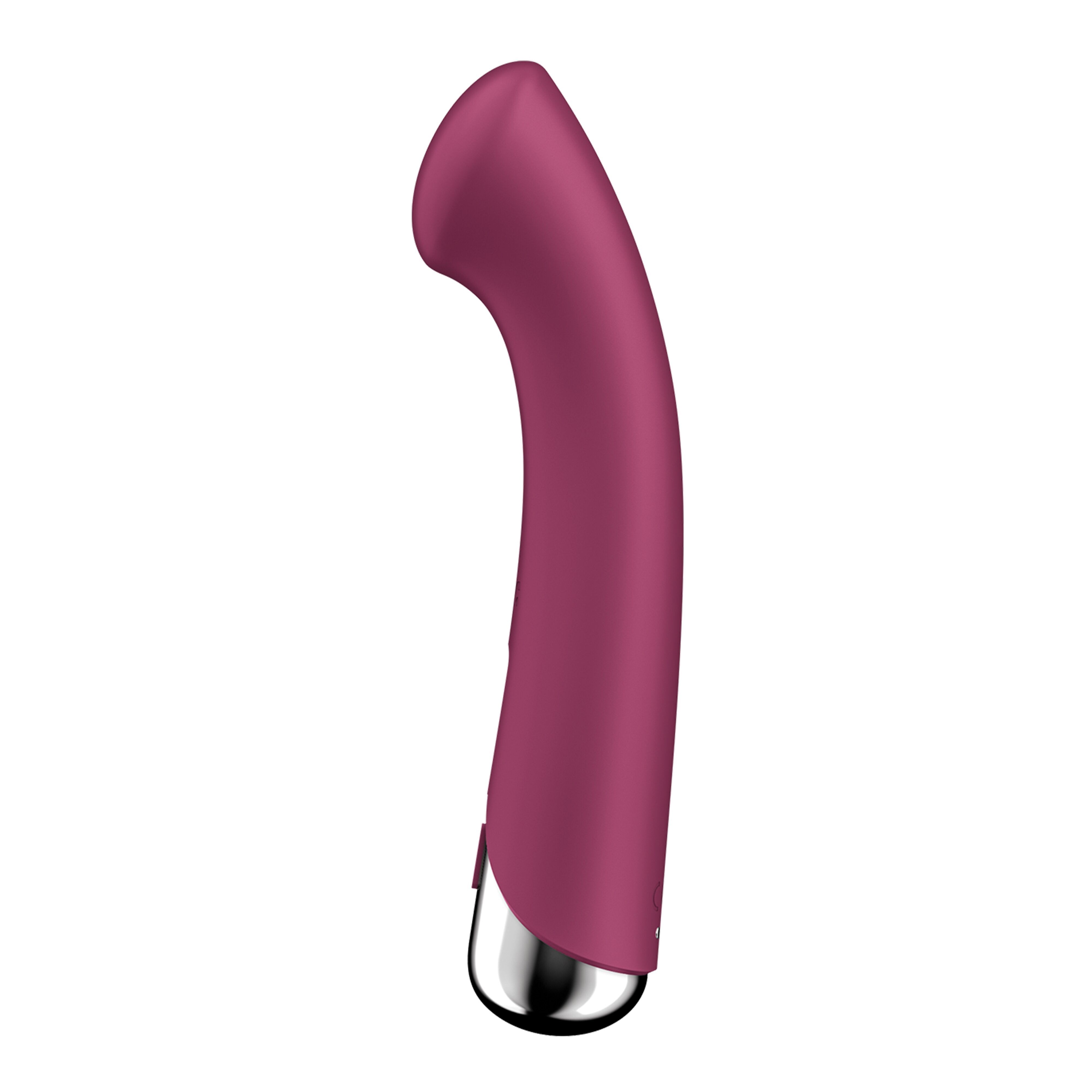 Bordeauxfarbener Vibrator mit silberfarbenem Kopf. Gebogene Form. SF-Logo.