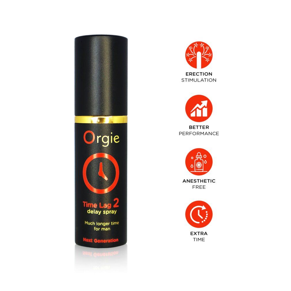 Schwarze Flasche mit goldfarbenem Ring. Aufschrift: Orgie, Time Lag 2 Delay Spray. Orangefarbenes Zifferblatt-Logo. Icons.