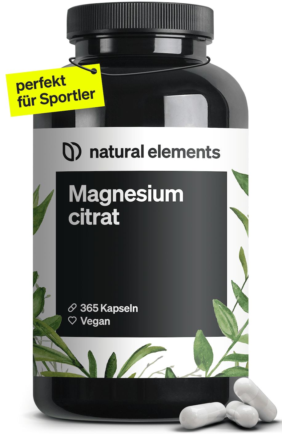 Schwarze Flasche mit weißen Kapseln. Text: Magnesiumcitrat, 365 Kapseln, Vegan. Gelbes Etikett: perfekt für Sportler.