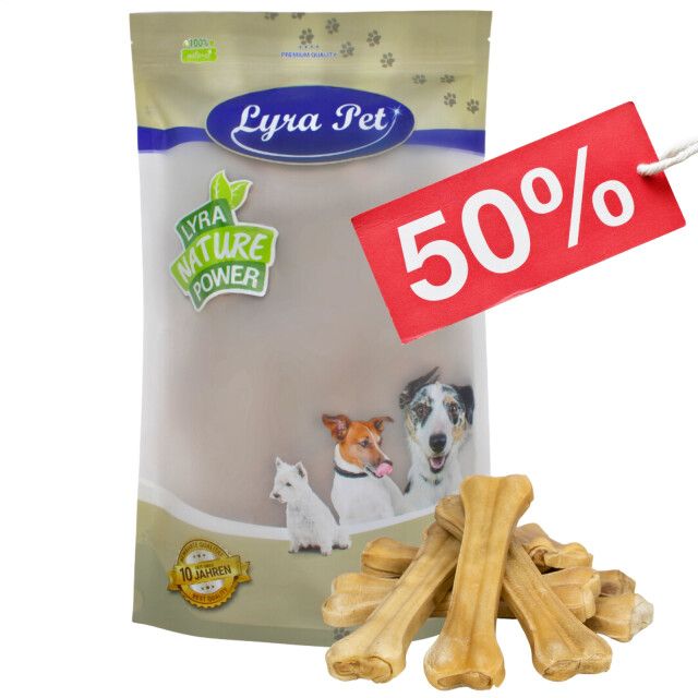 Beutel mit Kauknochen. Aufdruck: Lyra Pet, Lyra Nature Power, 50% Rabatt. Hunde auf der Verpackung.