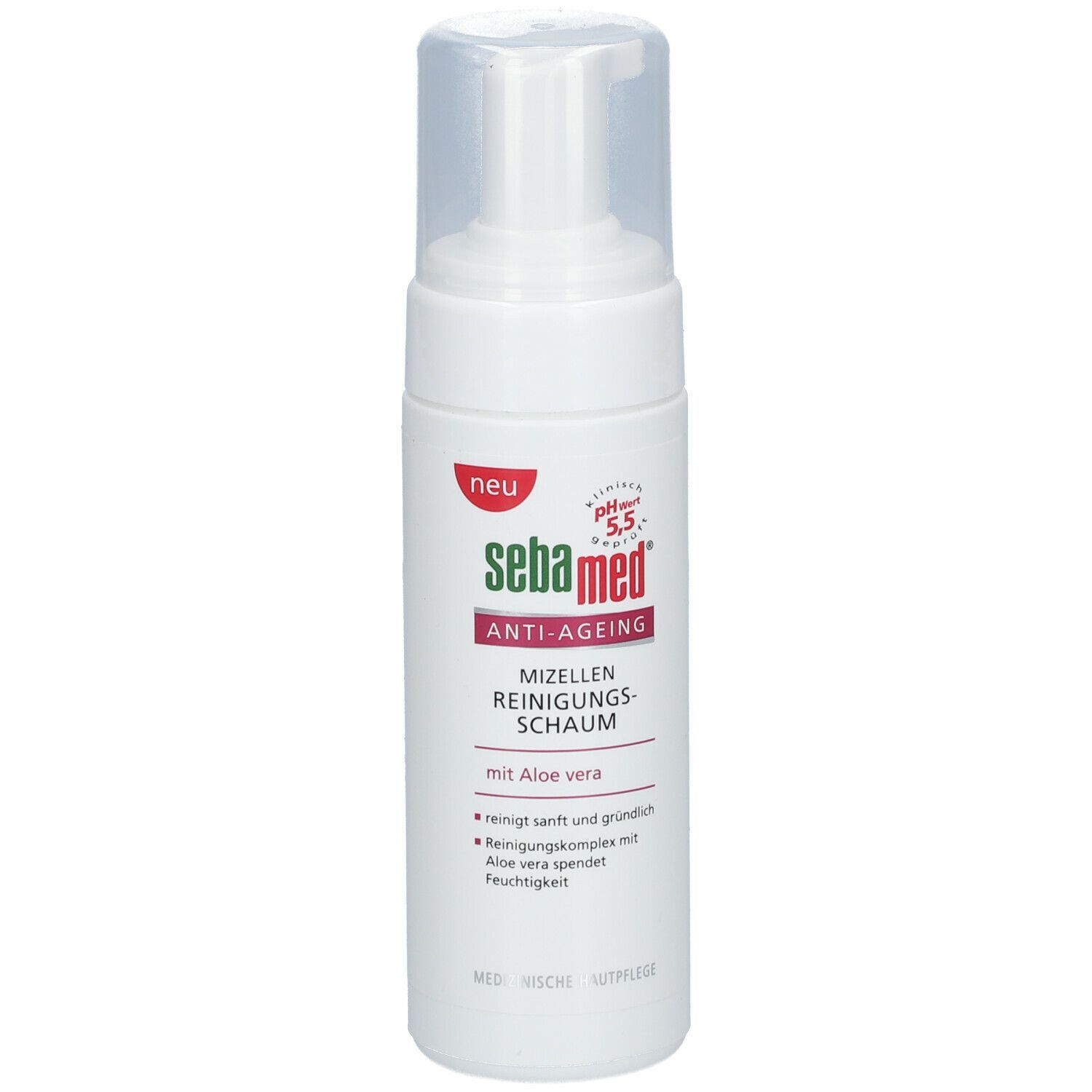 Weiße Flasche mit Sprühkopf. Aufschrift: sebamed ANTI-AGEING MIZELLEN REINIGUNGSSCHAUM. Mit Aloe vera.
