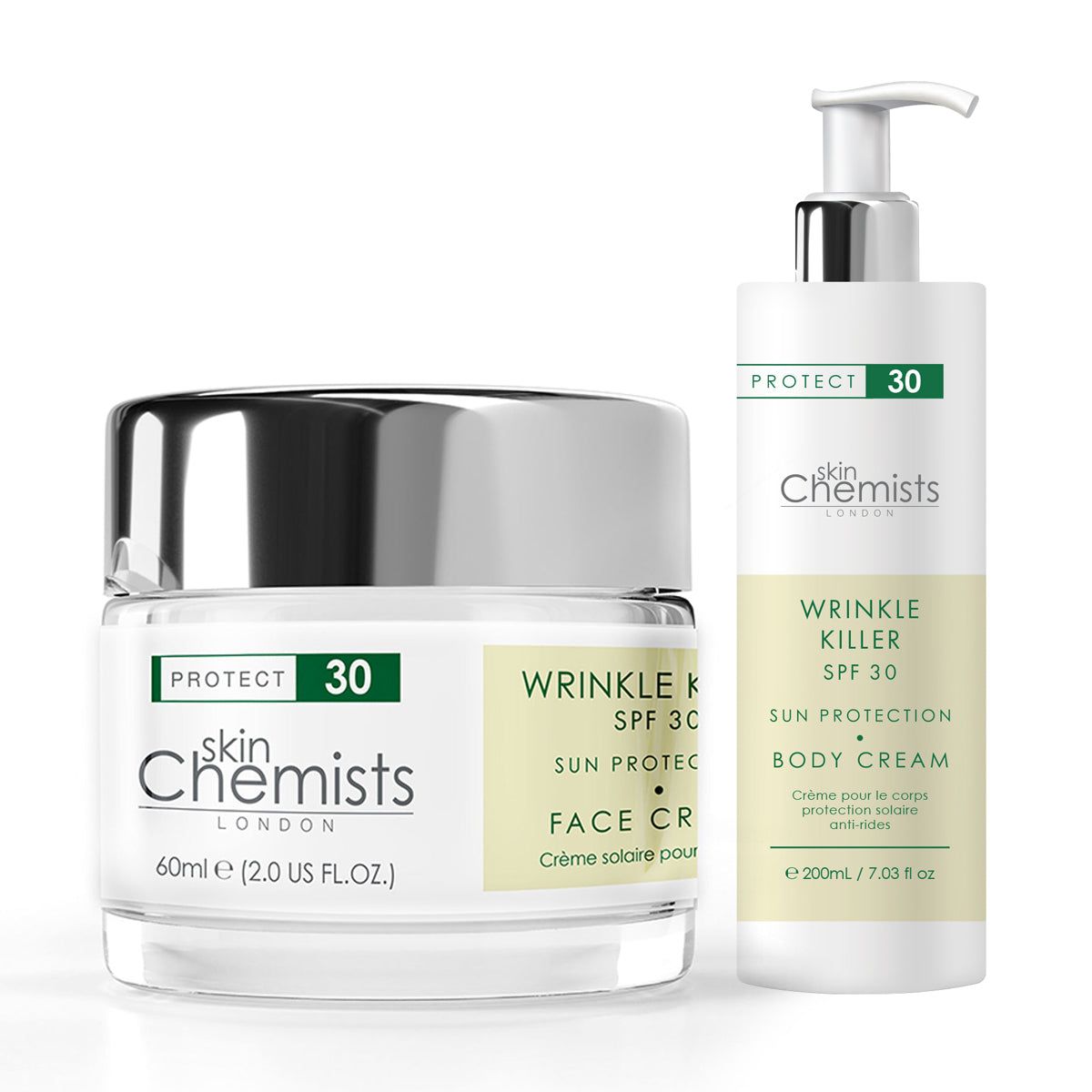Zwei Cremes von skinChemists. Eine Dose und eine Flasche mit Pumpe. Beide mit SPF 30. Aufschrift: Wrinkle Killer, Sun Protection, Body Cream.
